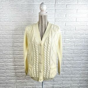 Vintage Fall Fashioned Yellowish-Cream Cable Knit Cardigan Sweater Size Large